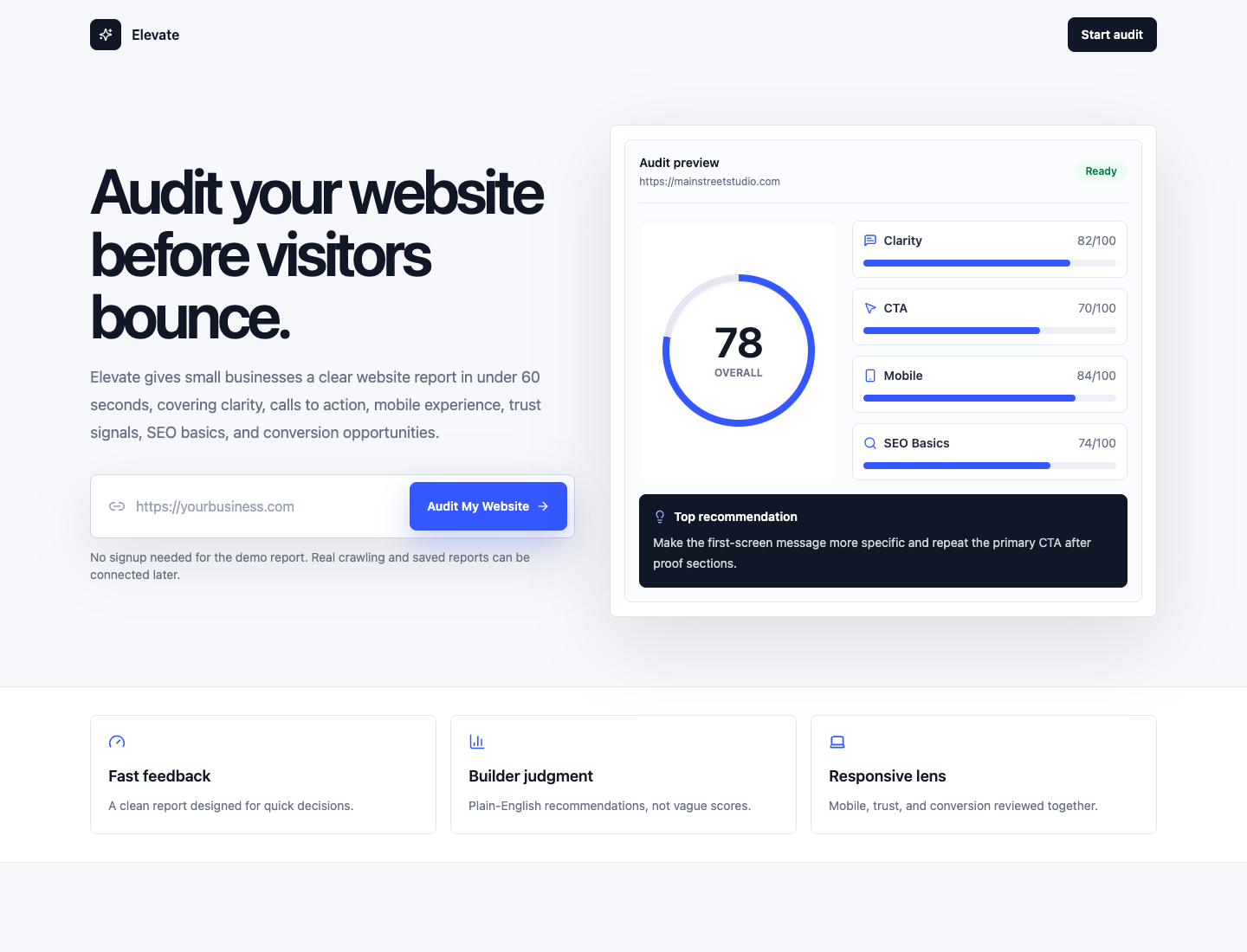 Elevate AI Website Auditor interface showing a website URL field and audit preview